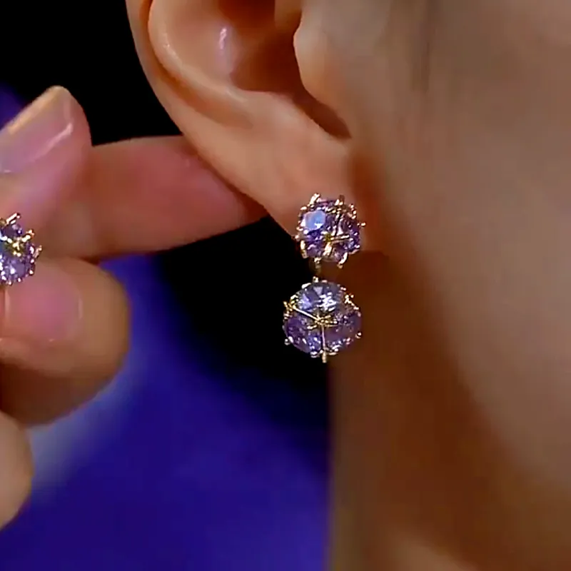 14K Gold-Plated Elegant Purple Zircon Square Earrings