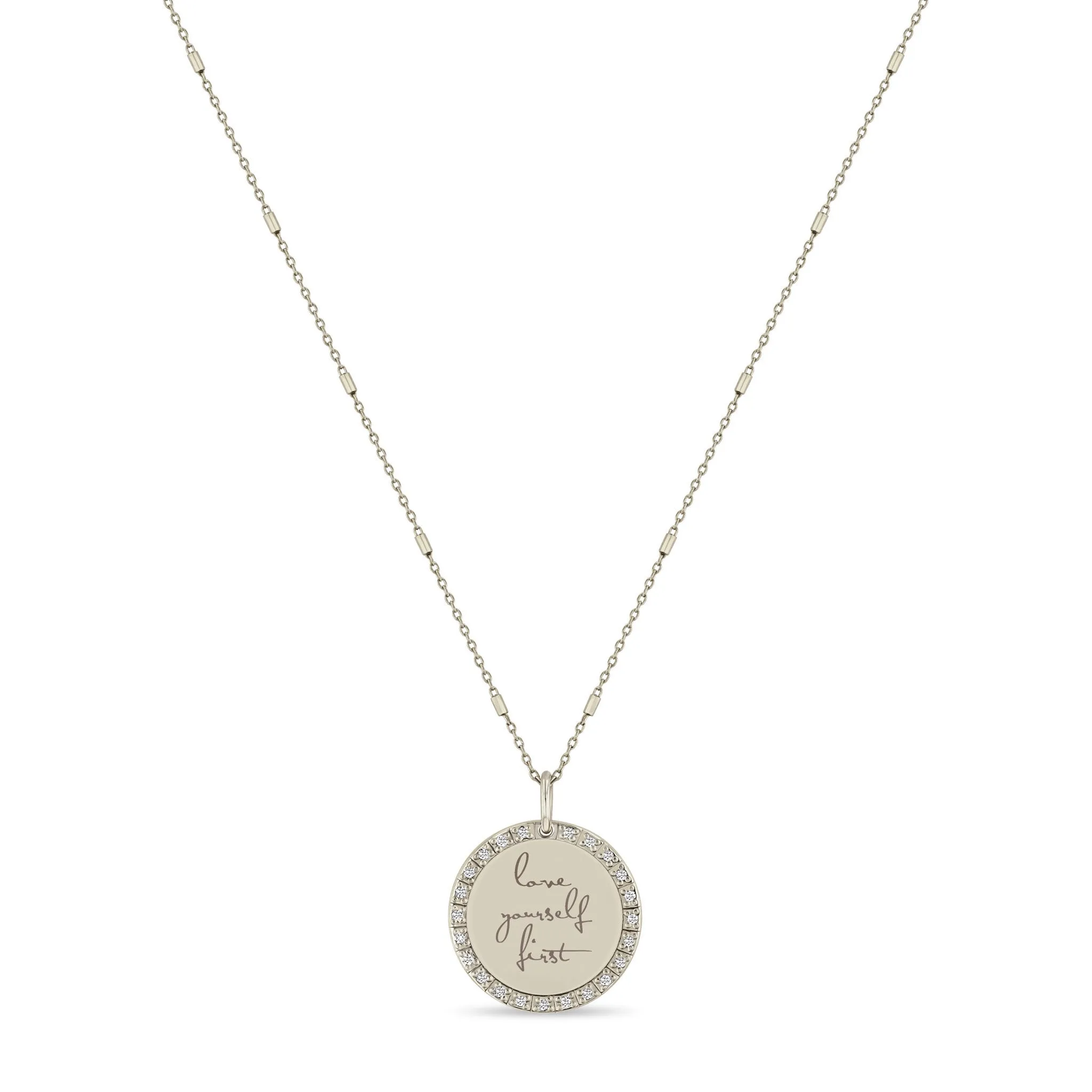 14k Small Mantra Diamond Border Necklace on Tiny Bar & Cable Chain