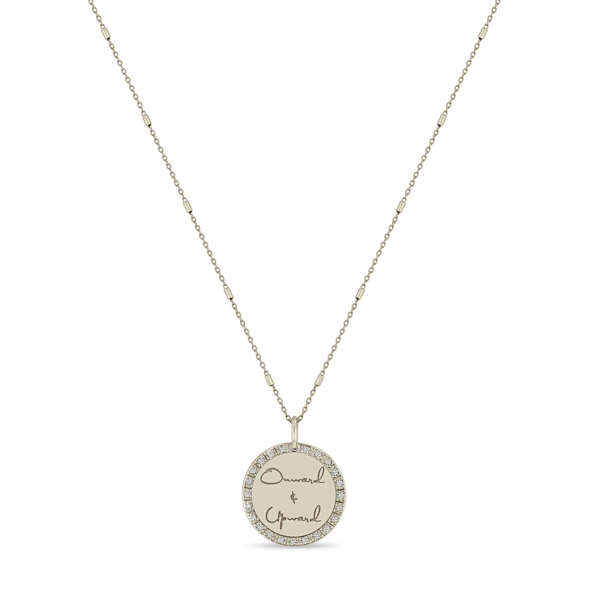 14k Small Mantra Diamond Border Necklace on Tiny Bar & Cable Chain