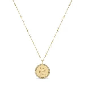 14k Small Mantra Diamond Border Necklace on Tiny Bar & Cable Chain