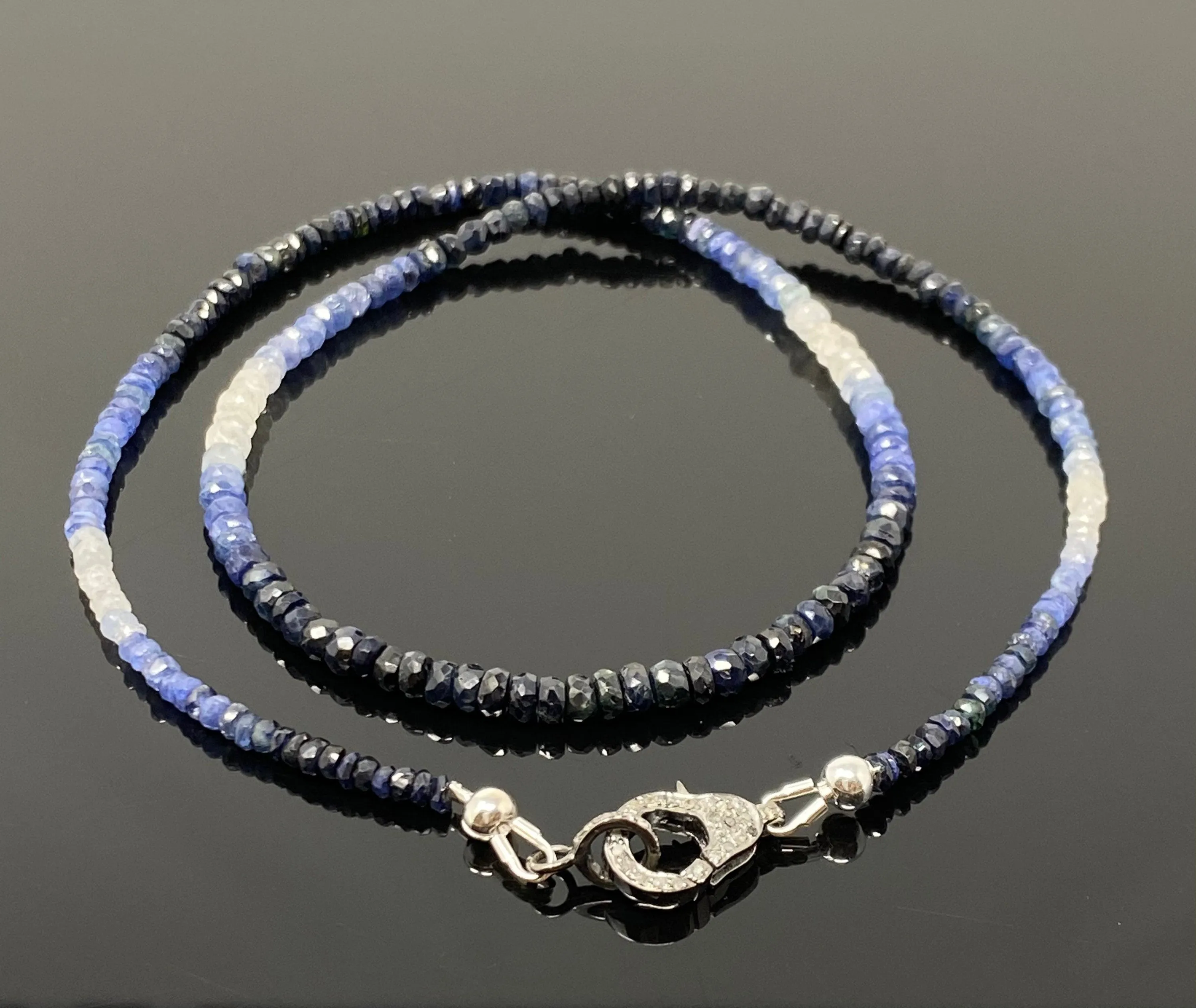 17.5” Genuine Shaded Blue Sapphire Necklace with Pave Diamond Clasp,