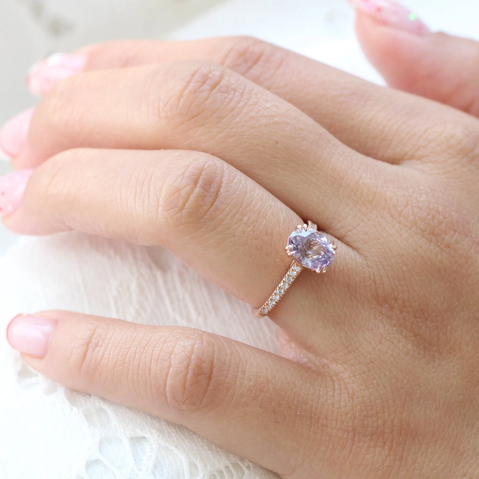 2.28 Ct Oval Lavender Sapphire Diamond Ring in 14k Rose Gold Grace Solitaire, Size 6