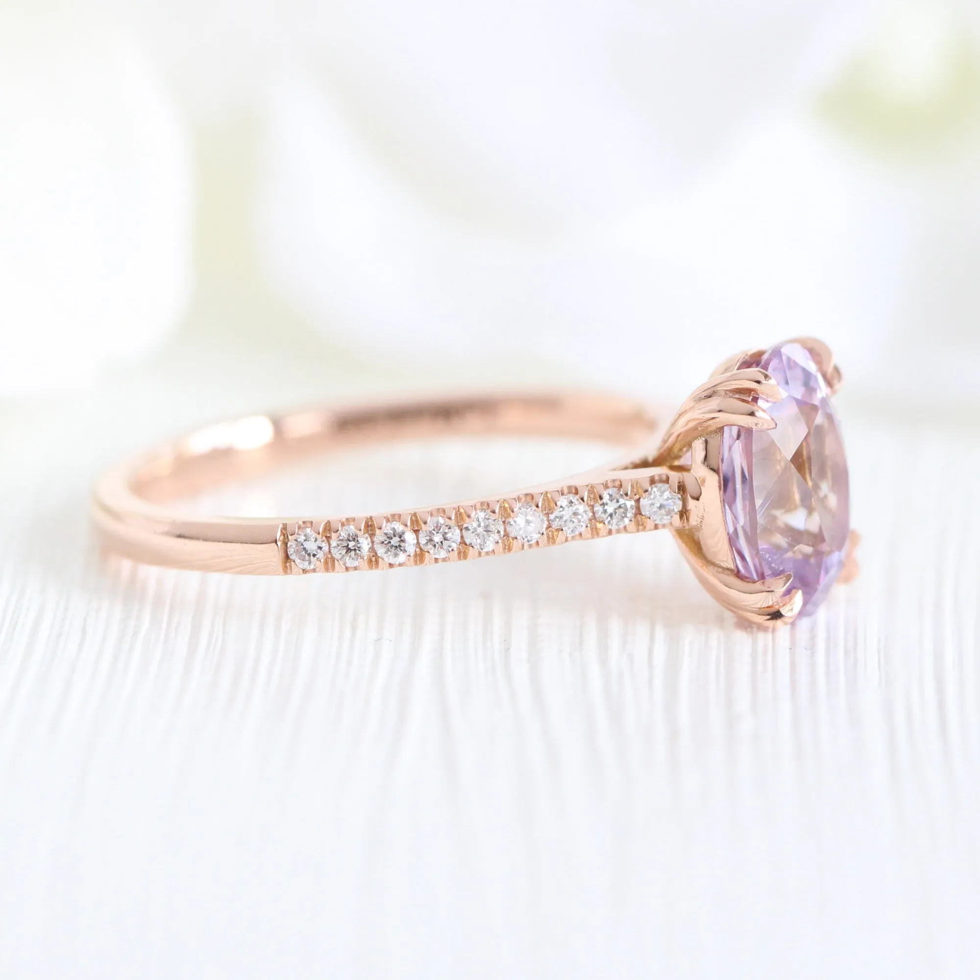 2.28 Ct Oval Lavender Sapphire Diamond Ring in 14k Rose Gold Grace Solitaire, Size 6