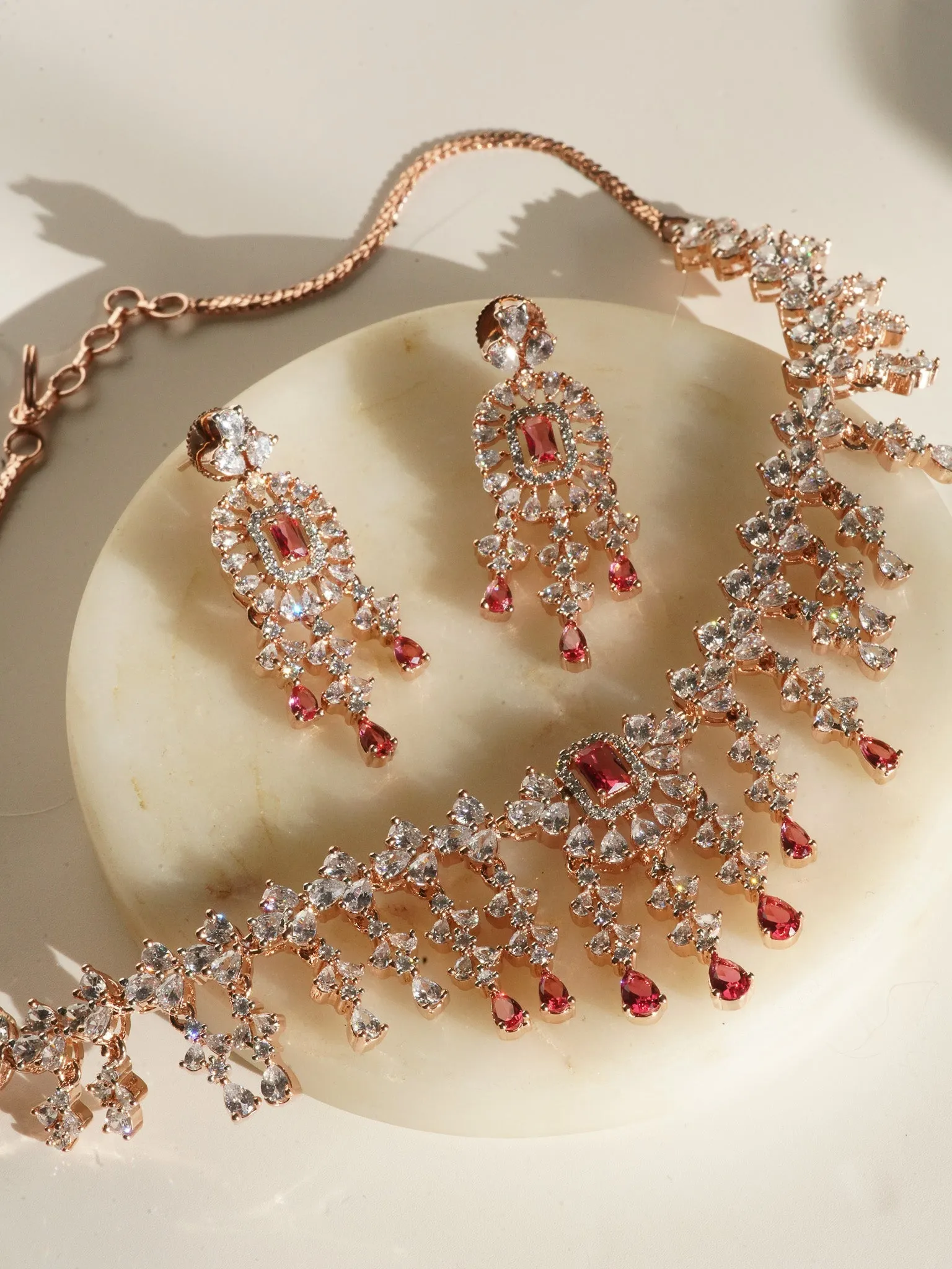 Anne - Diamante Accent Rose Gold Necklace Set with Earrings