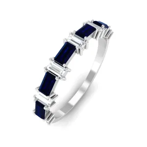 Baguette Cut Created Blue Sapphire and Diamond Half Eternity Ring