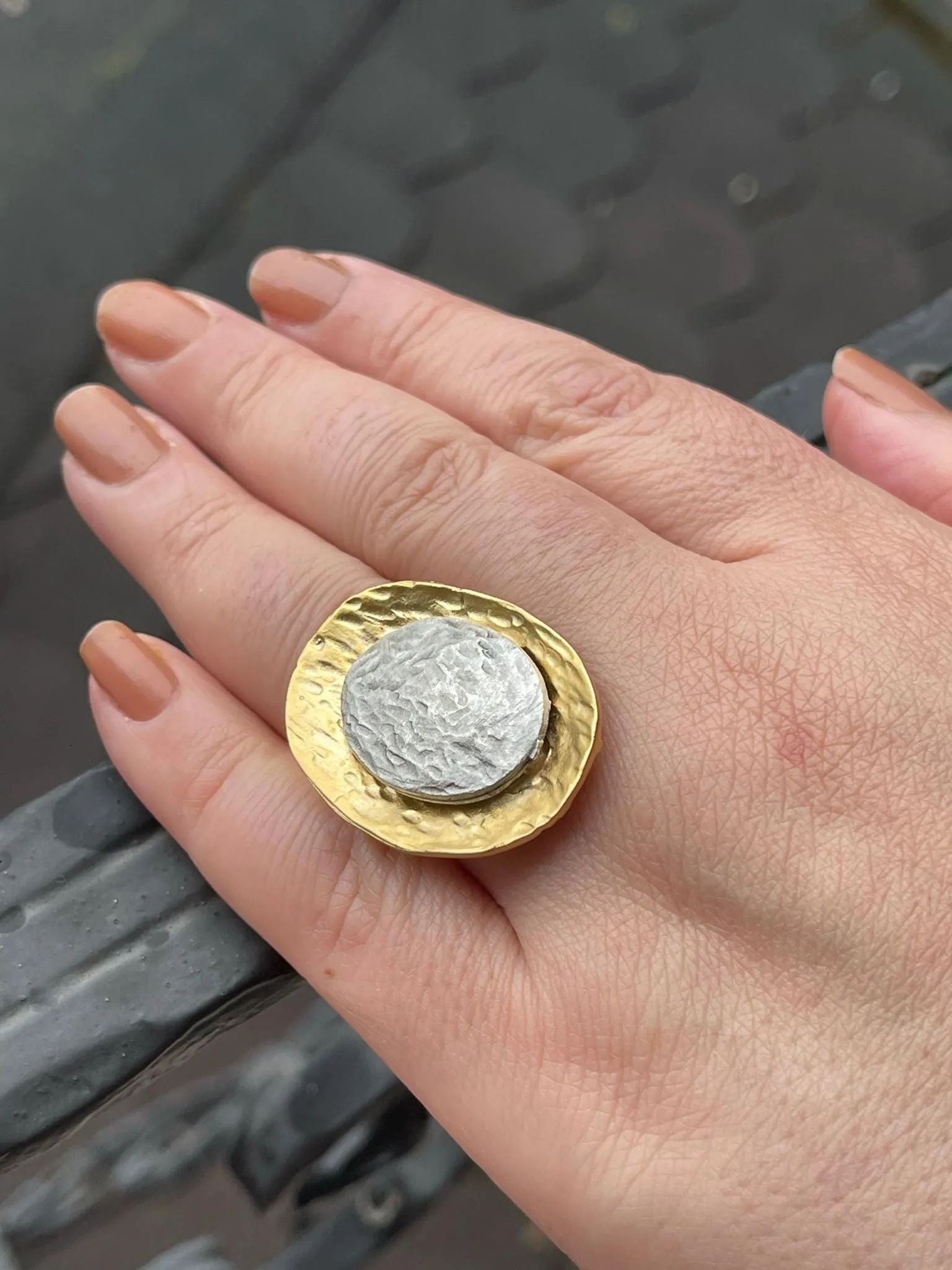 Gold Plated Chunky Ring - Bold Adjustable Textured Statement Jewelry
