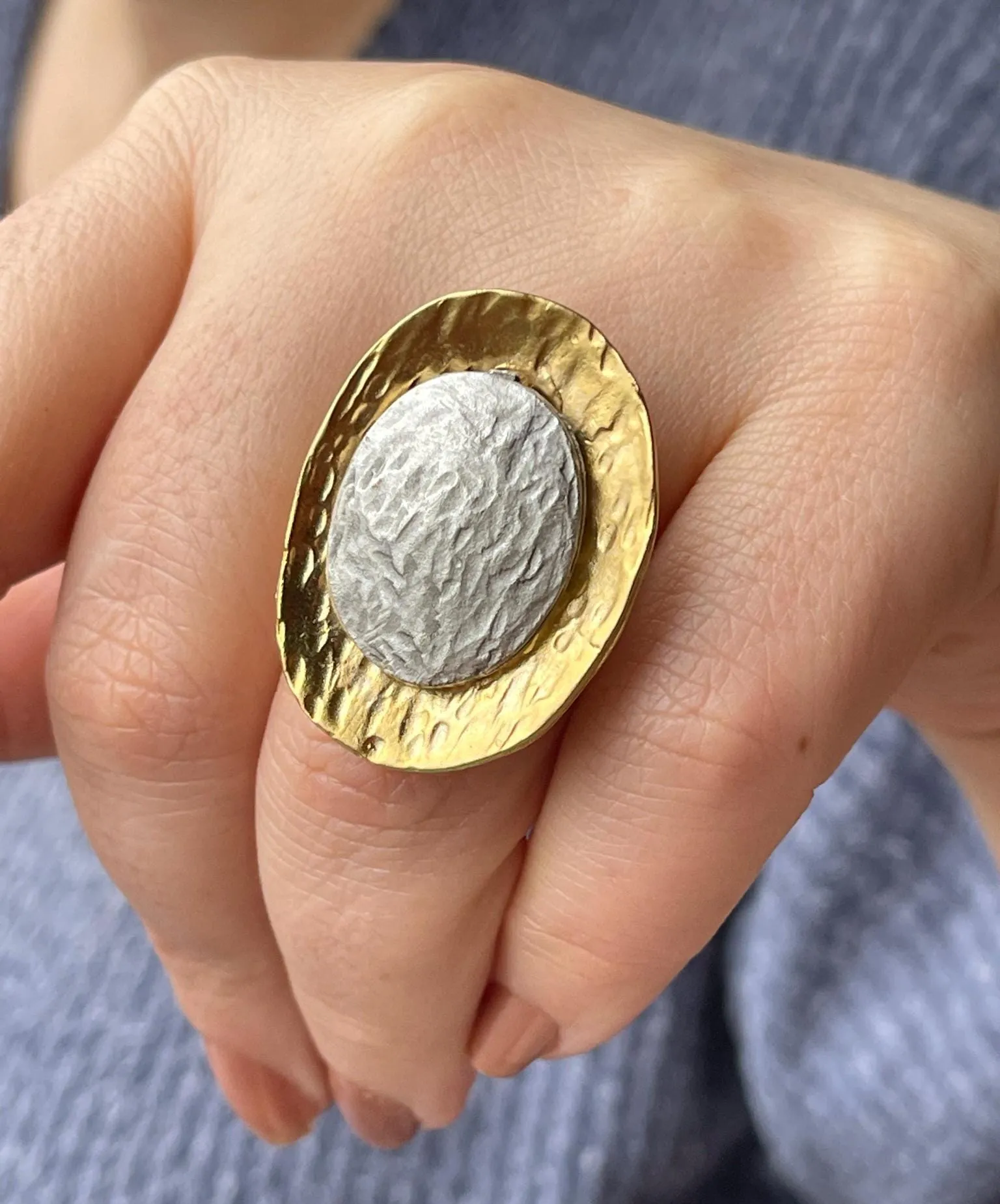 Gold Plated Chunky Ring - Bold Adjustable Textured Statement Jewelry