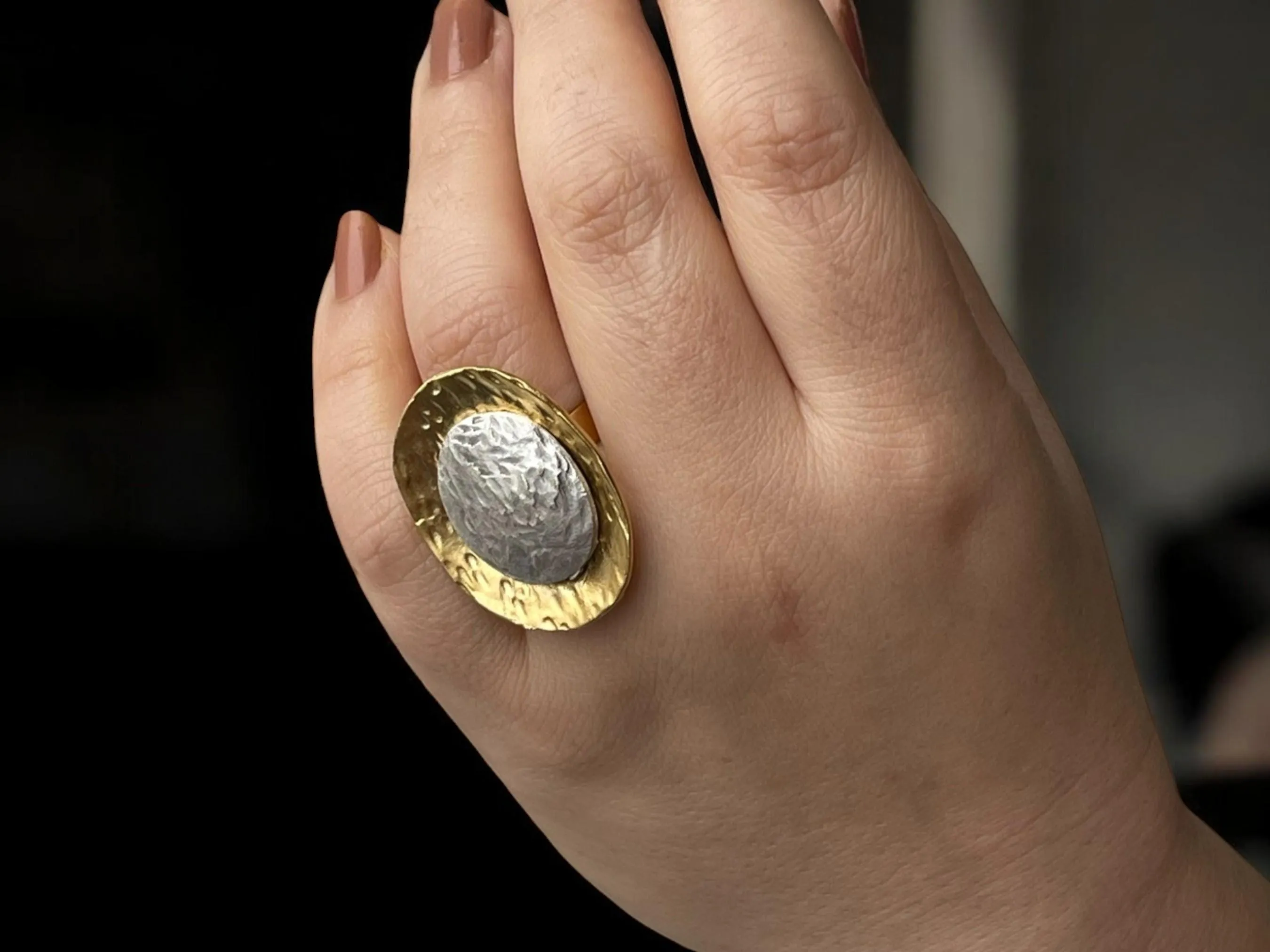 Gold Plated Chunky Ring - Bold Adjustable Textured Statement Jewelry