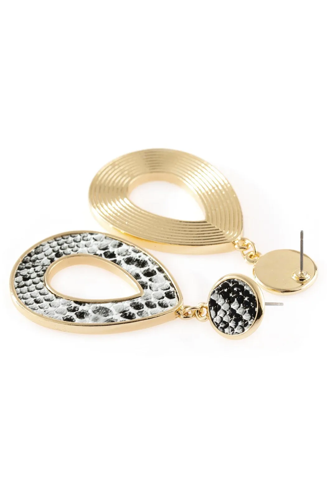 Hde2592 - Linked Pear-Shape Snake Skin Printed Dangle Post Earrings