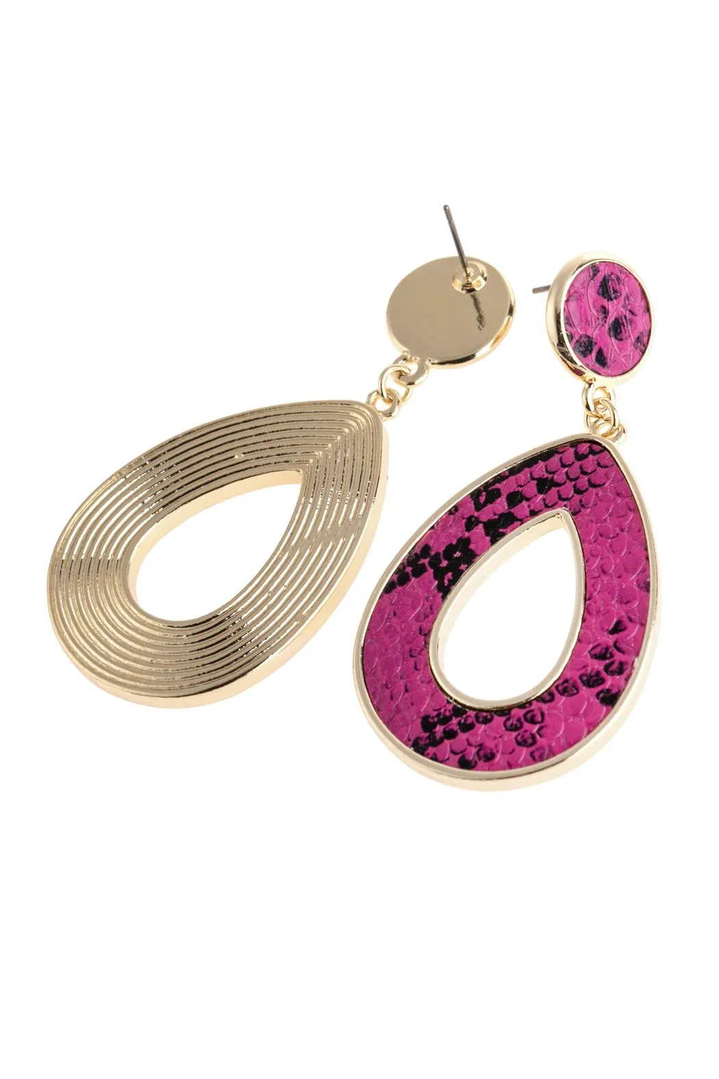 Hde2592 - Linked Pear-Shape Snake Skin Printed Dangle Post Earrings