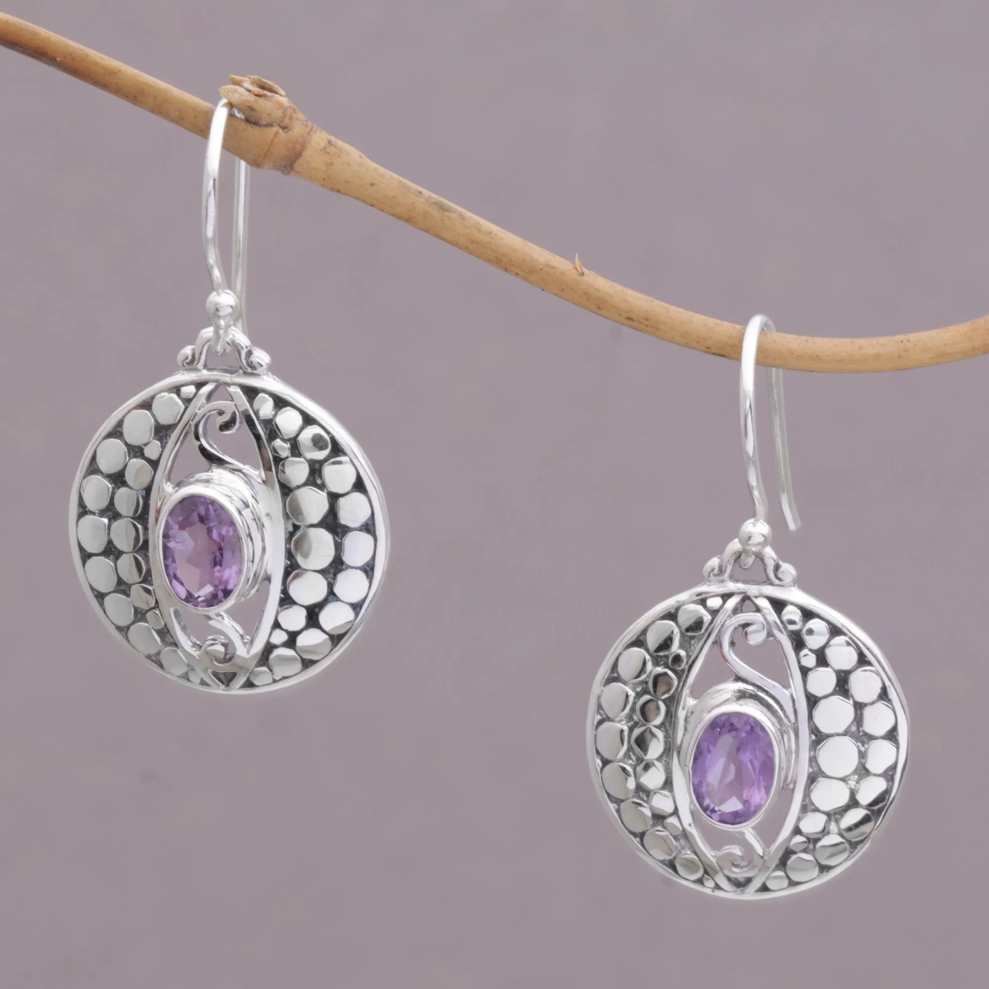 NOVICA  Amethyst .925 Sterling Silver Dot Motif Dangle Earrings, 'Temple Watchers'
