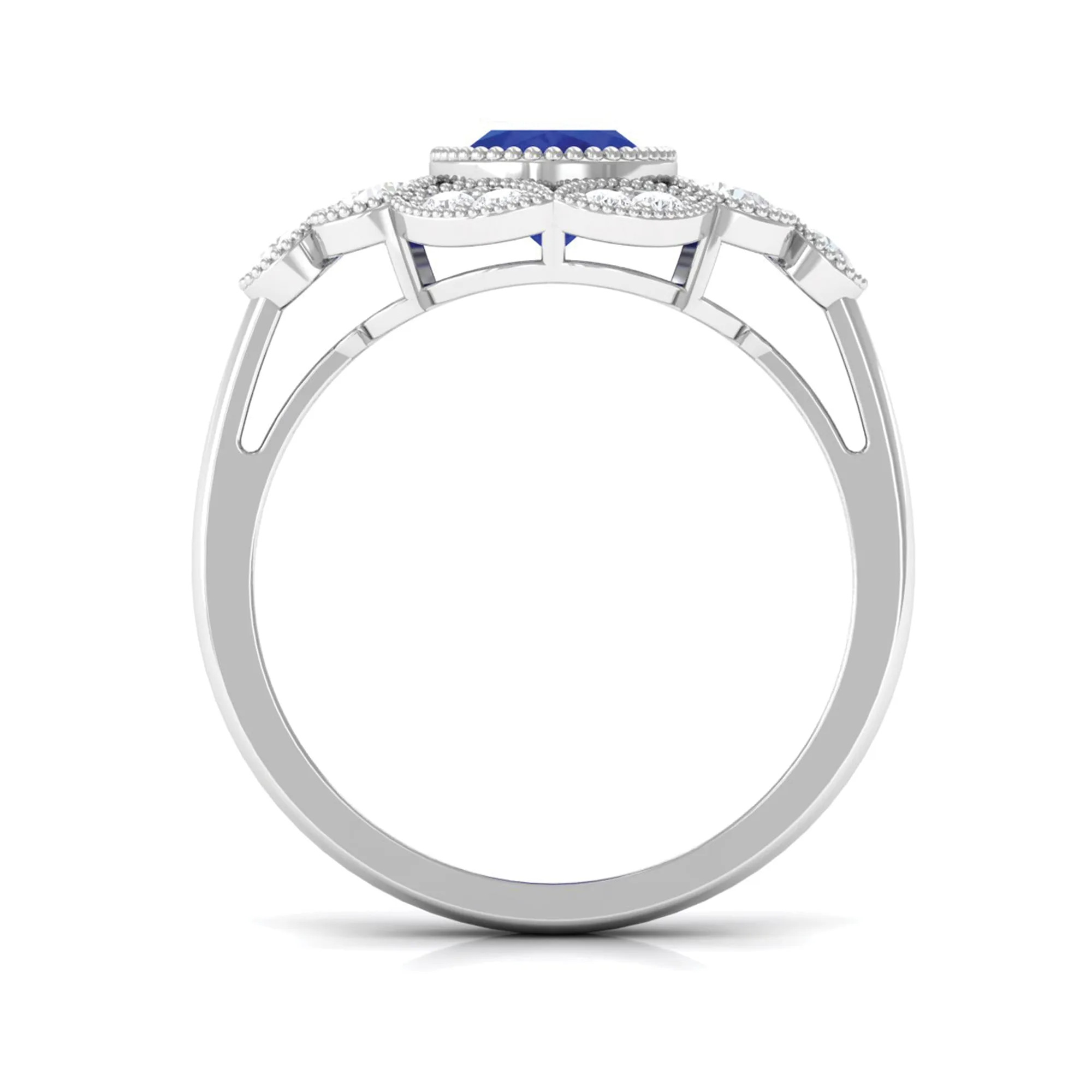 Oval Created Blue Sapphire Statement Engagement Ring with Diamond Halo