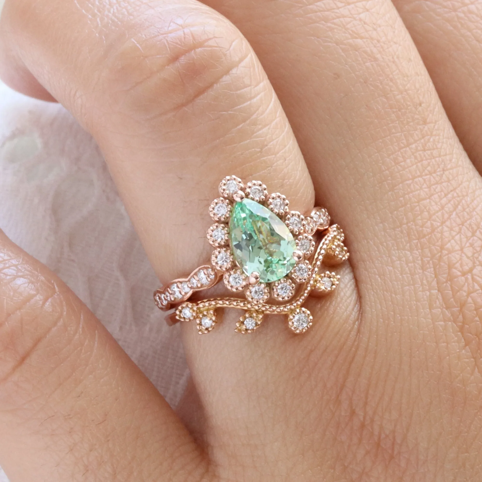 Pear Green Sapphire Ring Bridal Set w/ Leaf Diamond Band in Vintage Luna Halo