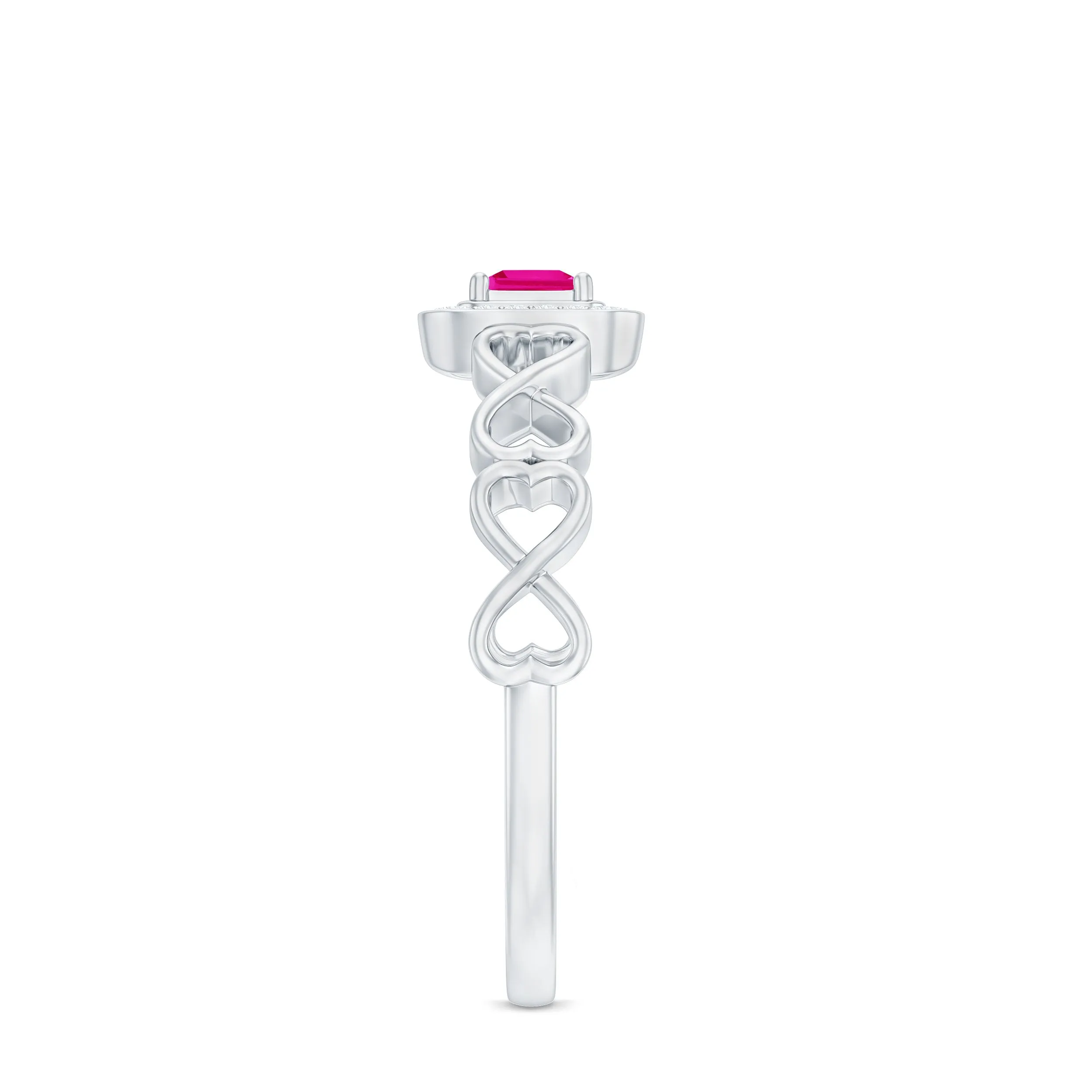 Princess Cut Pink Sapphire and Diamond Halo Promise Ring in Infinity Shank