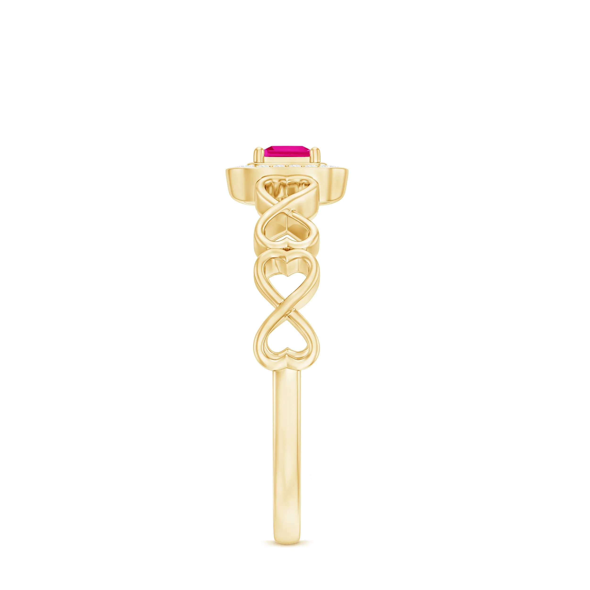 Princess Cut Pink Sapphire and Diamond Halo Promise Ring in Infinity Shank
