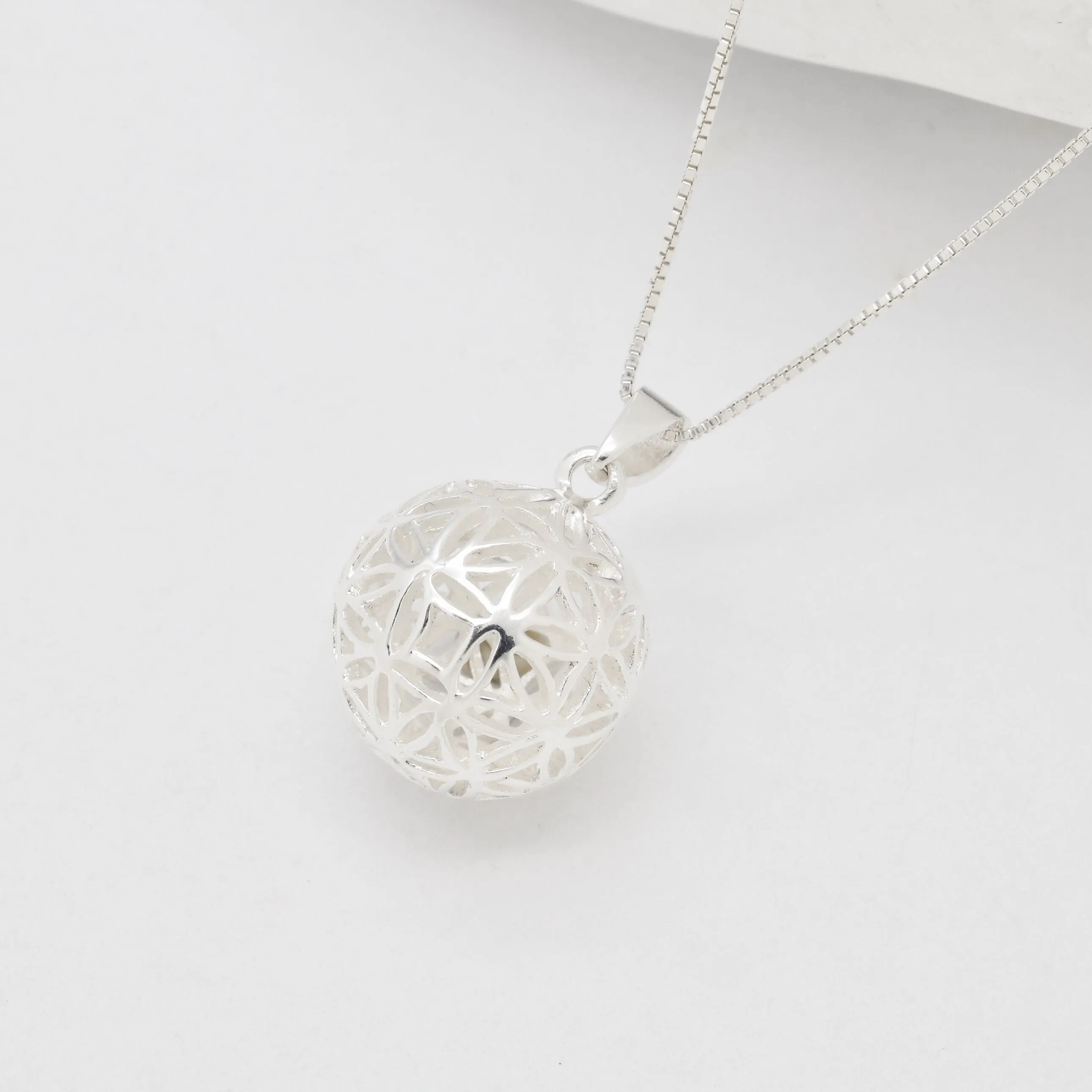 Silver Sphere Pendant - Flower Ball Necklace - 3D Ball Necklace
