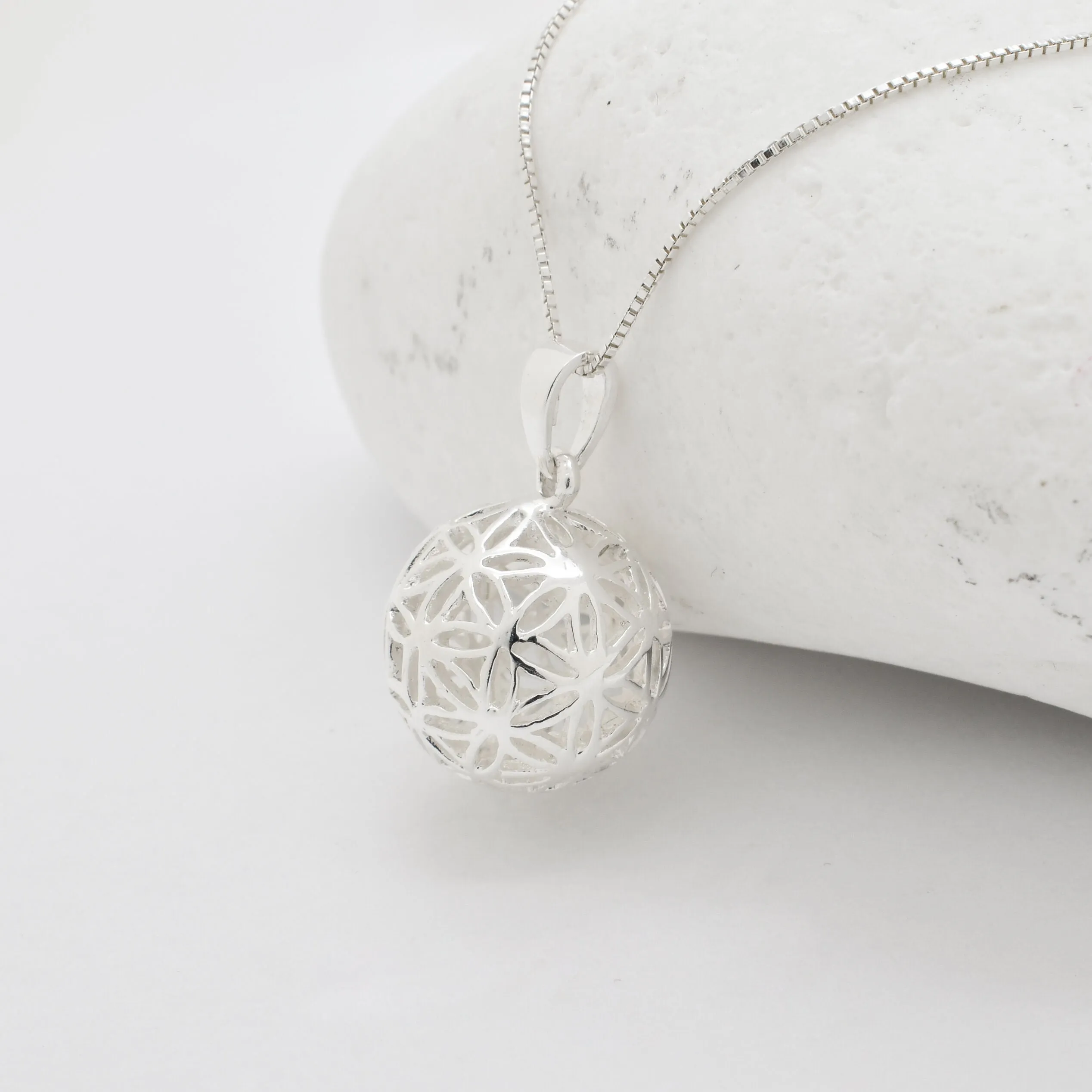Silver Sphere Pendant - Flower Ball Necklace - 3D Ball Necklace