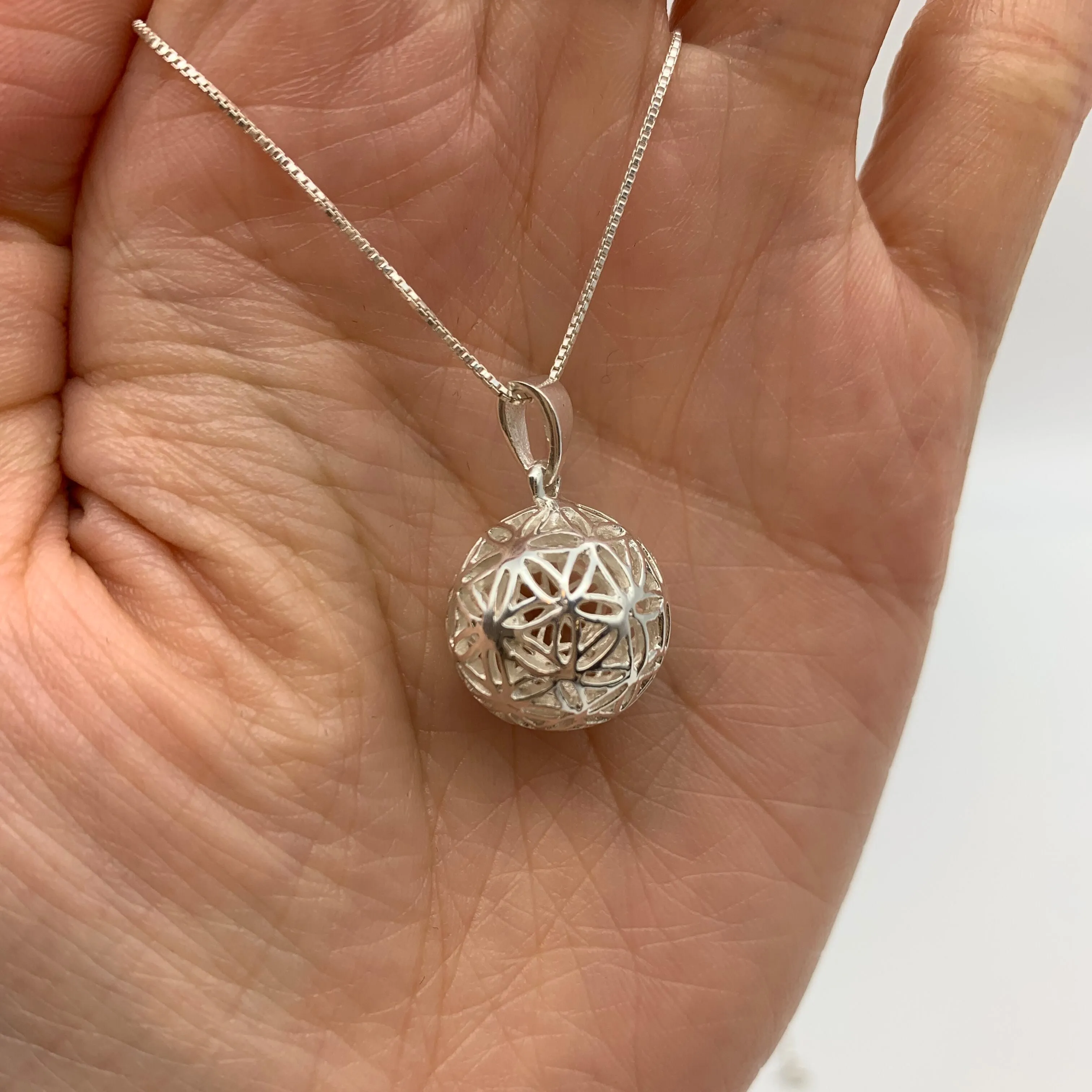 Silver Sphere Pendant - Flower Ball Necklace - 3D Ball Necklace