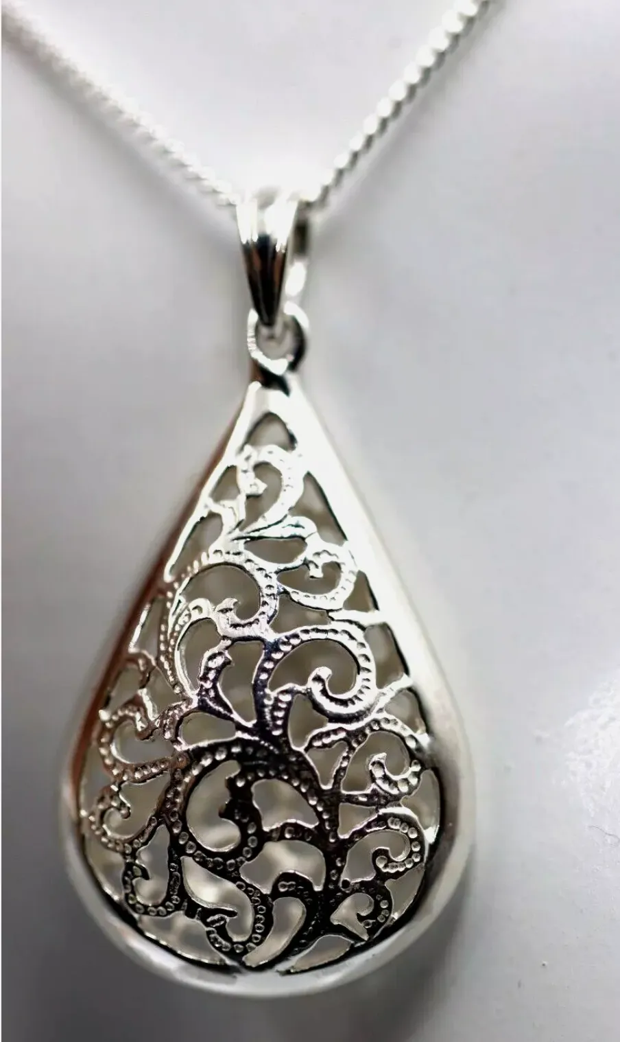 Sterling Silver 925 Tear Drop Teardrop Filigree Pendant   Necklace