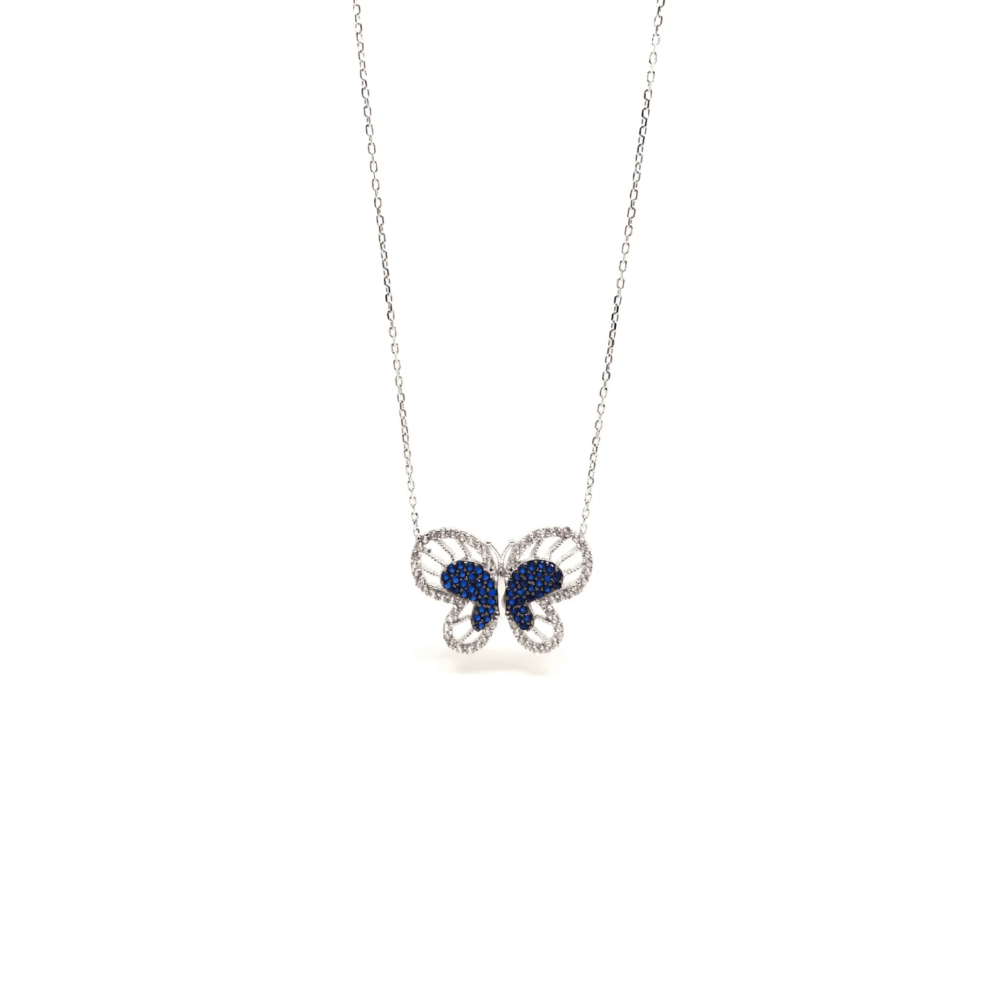 Sterling Silver Butterfly Pendant Necklace with Blue Crystals