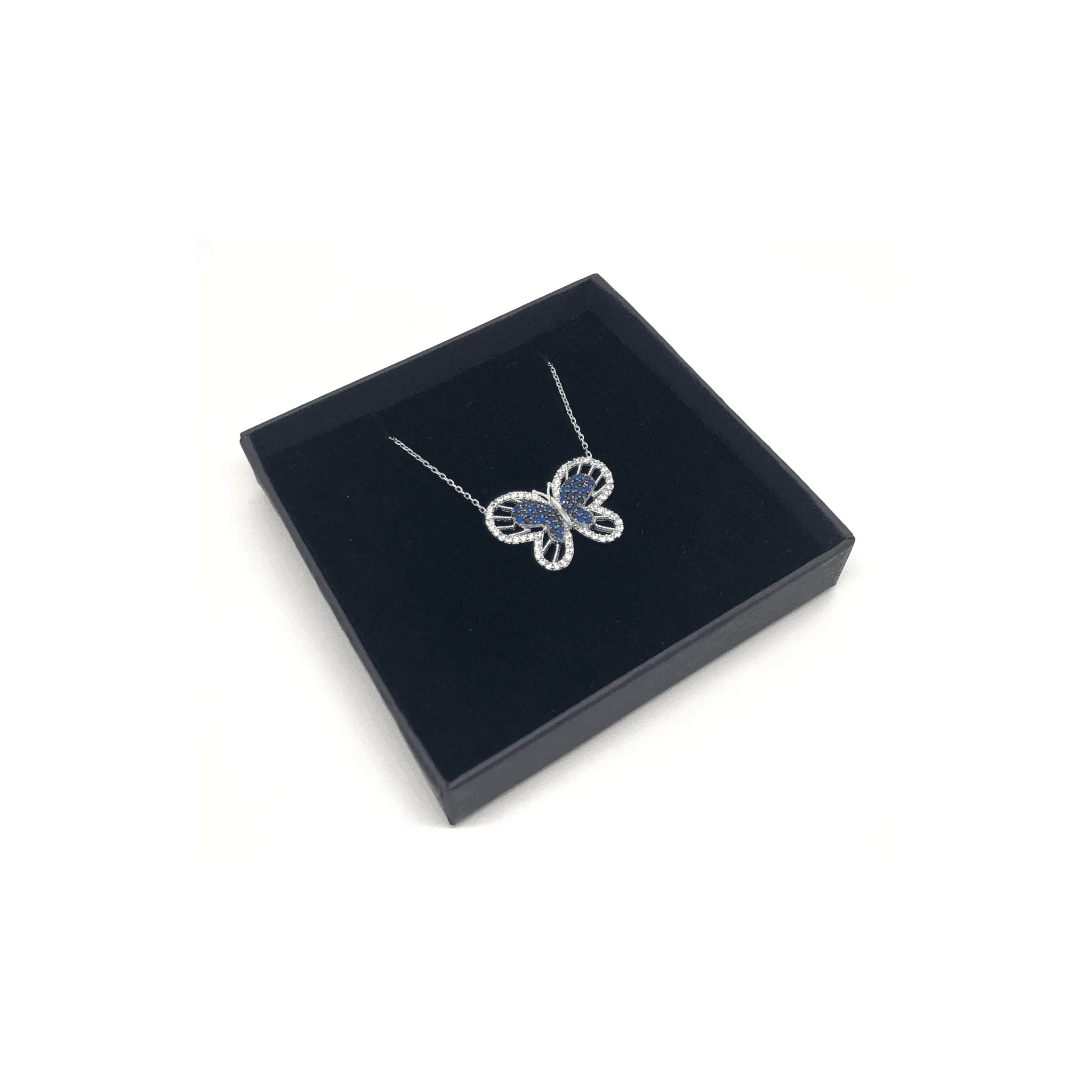 Sterling Silver Butterfly Pendant Necklace with Blue Crystals