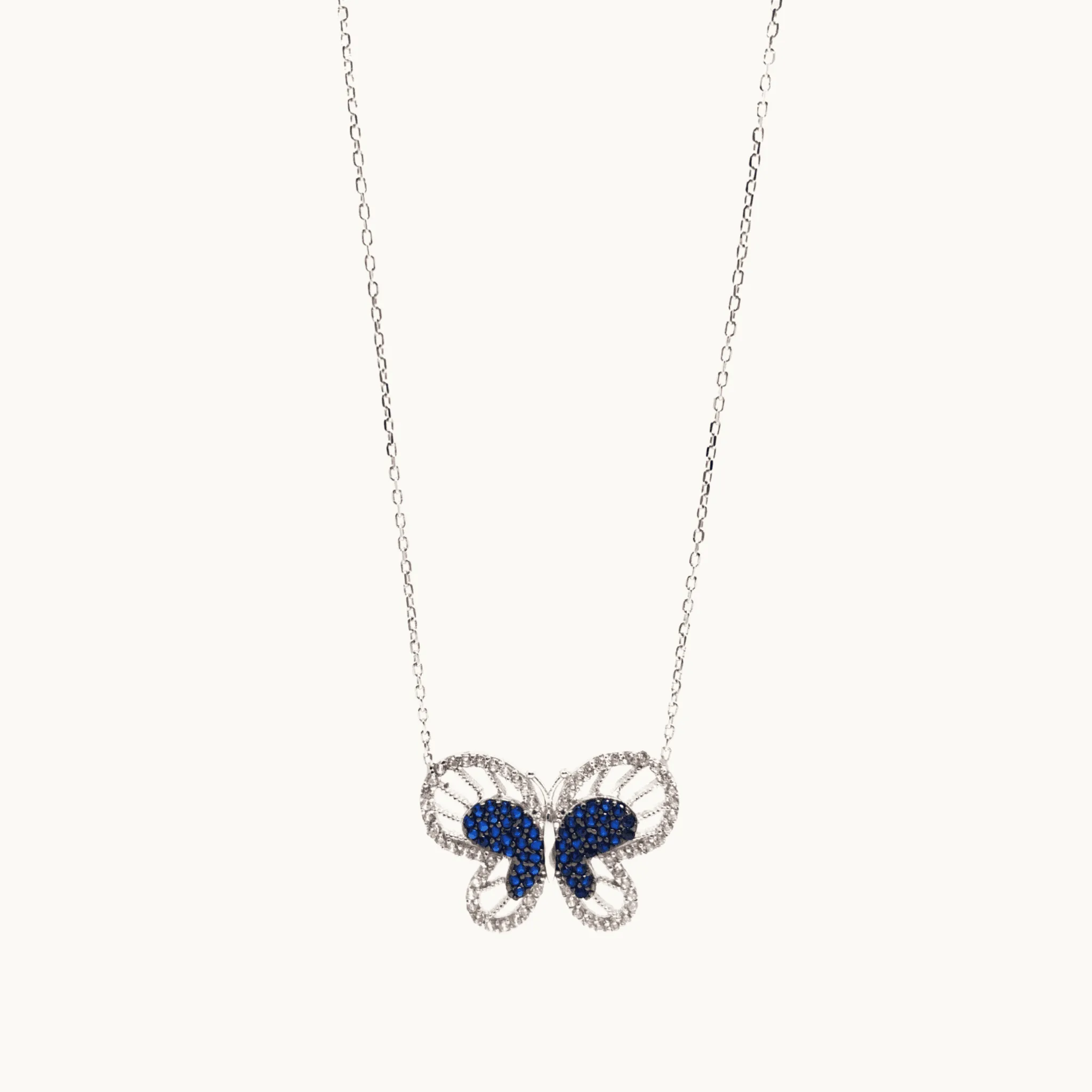 Sterling Silver Butterfly Pendant Necklace with Blue Crystals