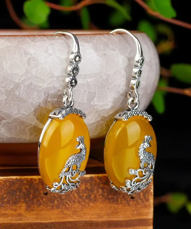 Sterling Silver Inlaid Chalcedony Peacock Drop Earrings