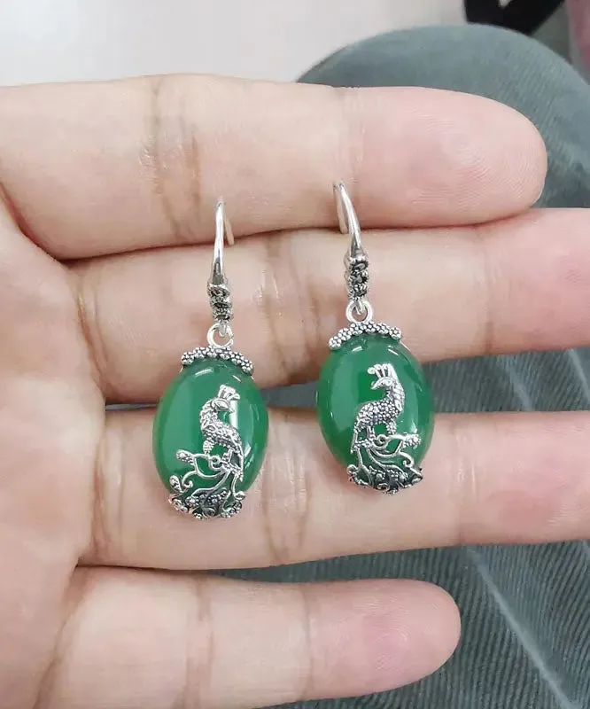 Sterling Silver Inlaid Chalcedony Peacock Drop Earrings