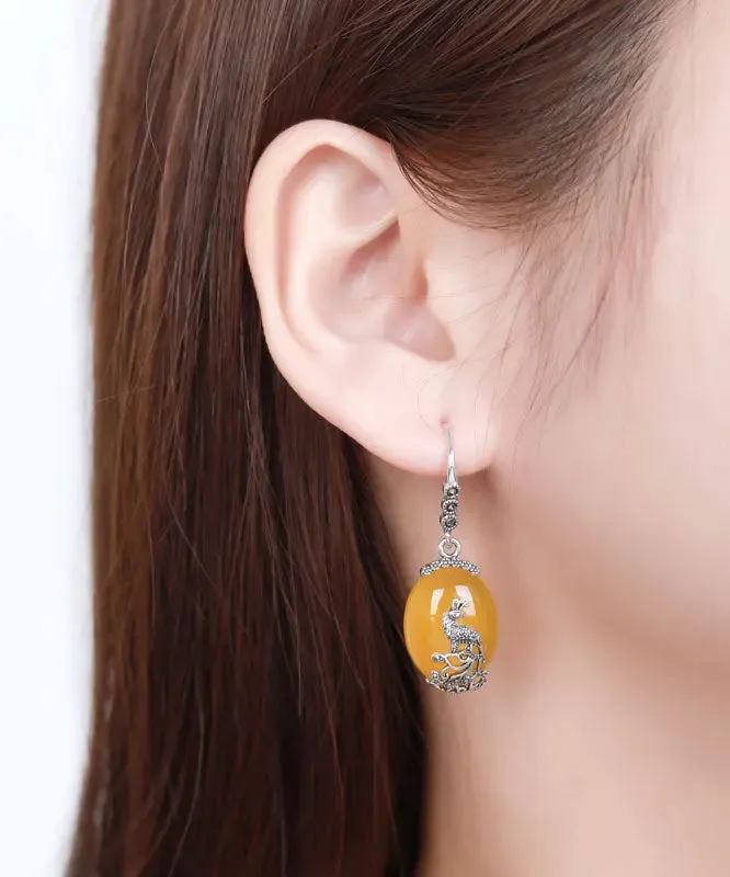 Sterling Silver Inlaid Chalcedony Peacock Drop Earrings