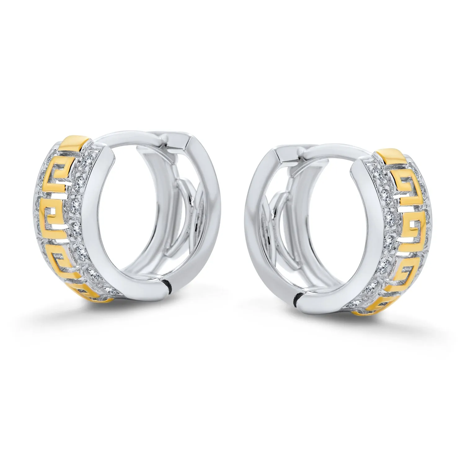 Two Tone Greek Key CZ Hoop Earrings for Men 14K Gold Plated Sterling Silver