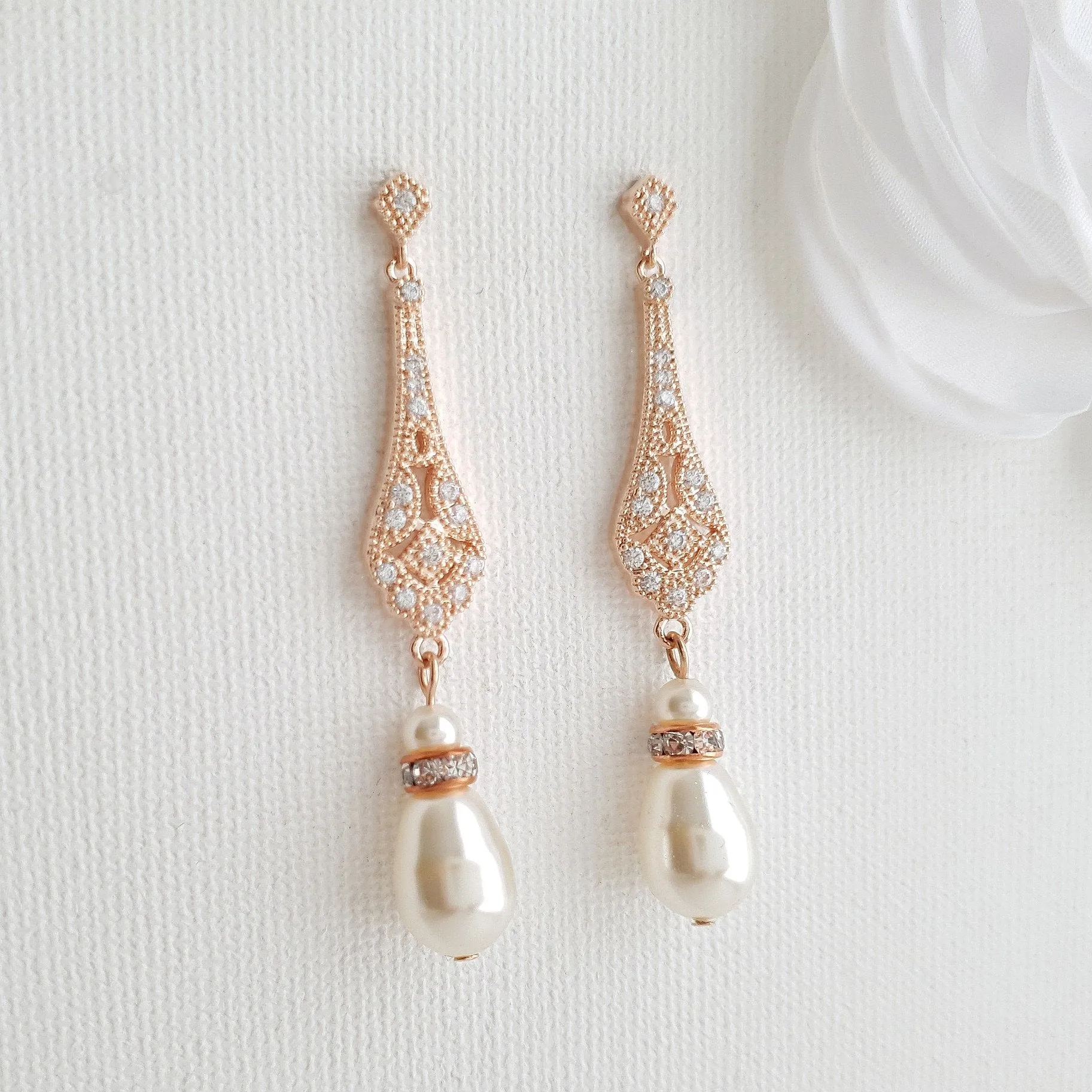 Vintage Style Rose Gold Bridal Earrings-Lisa